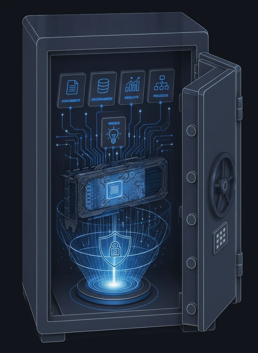 Isometrische Illustration eines geöffneten Tresors: darin schweben Karten für Dokumente, Datenbanken, Berichte und Prozesse, verbunden über Leiterbahnen mit einem lokalen KI-Beschleuniger, darunter ein Schild im Lichtkegel. Vertrauliches Unternehmenswissen, nutzbar und trotzdem unter eigener Kontrolle.