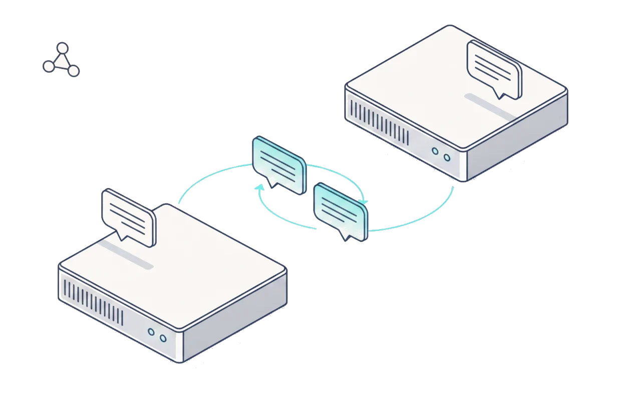 Isometric illustration: two equally sized building blocks face each other, speech bubbles moving back and forth between them along a curved path.
