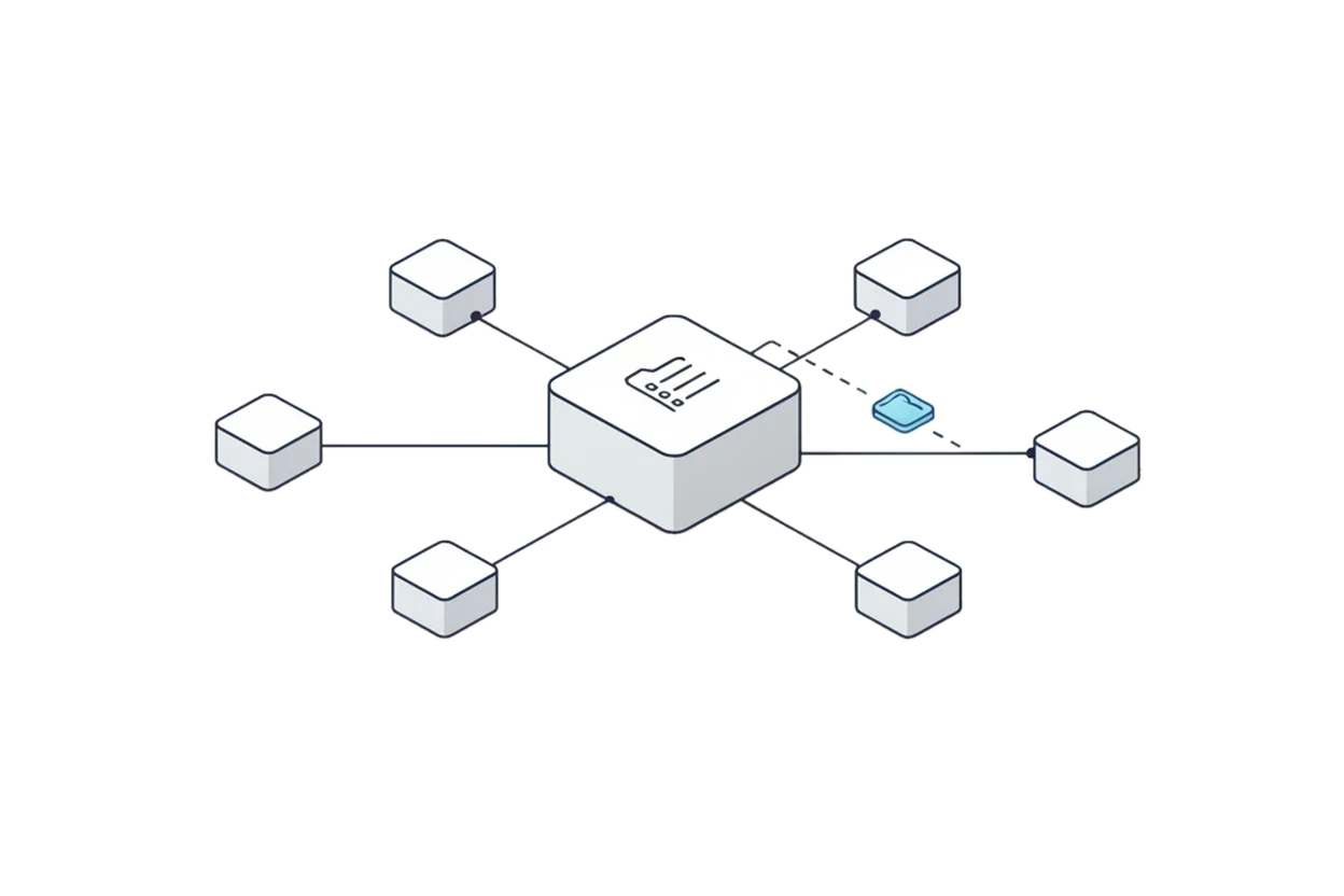 Isometric hub connecting several independent modules in a star pattern.