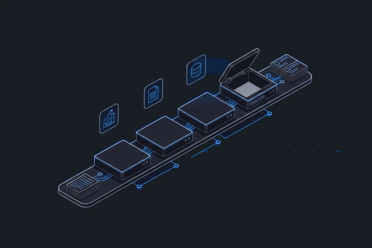 Isometric processing line with several stations, documents, and one visible human handoff.