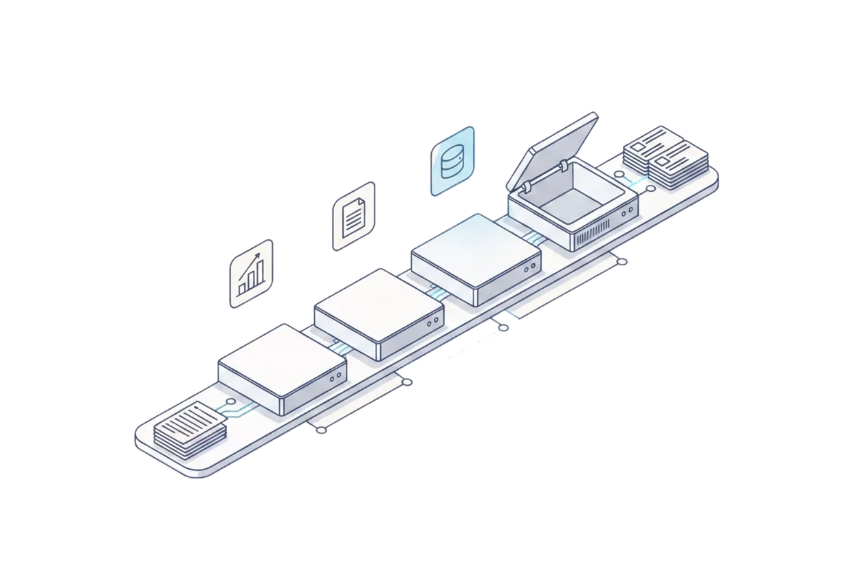 Isometric processing line with several stations, documents, and one visible human handoff.