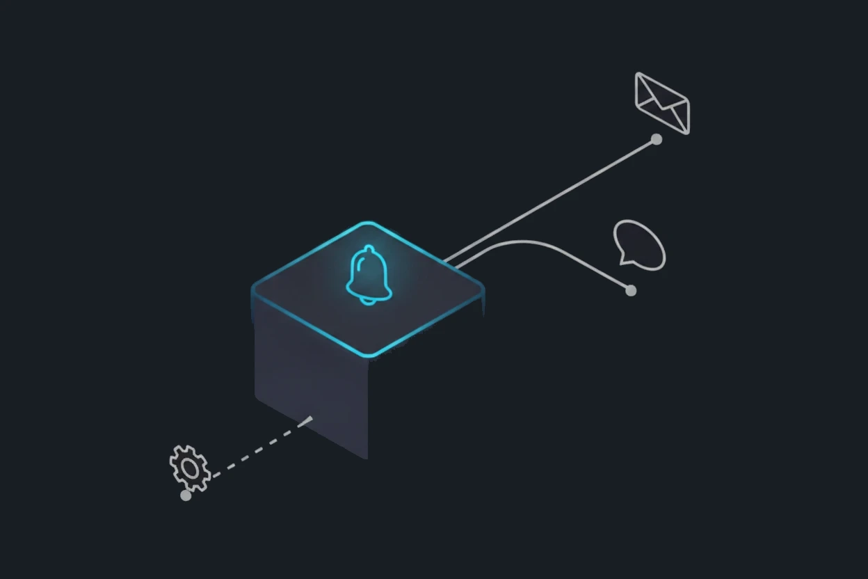 Isometric notification module with a bell, with paths branching to message and reply.
