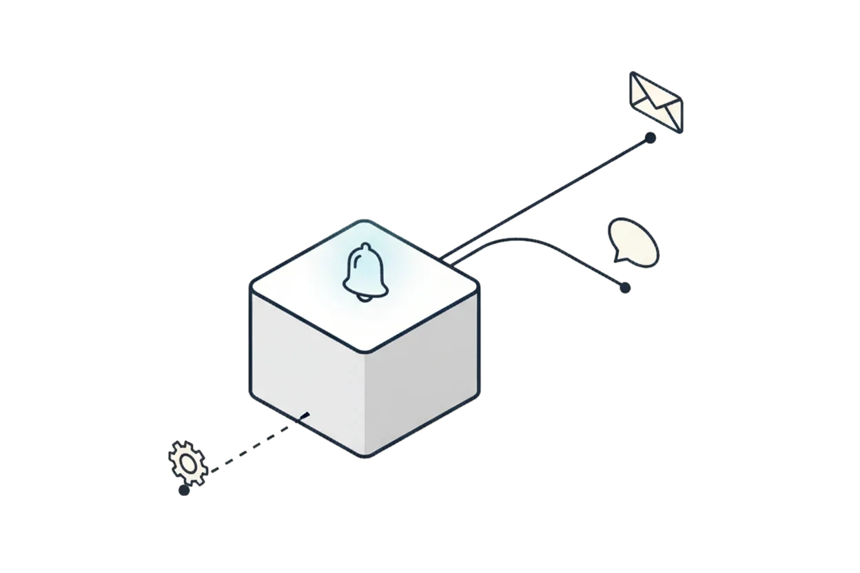 Isometric notification module with a bell, with paths branching to message and reply.