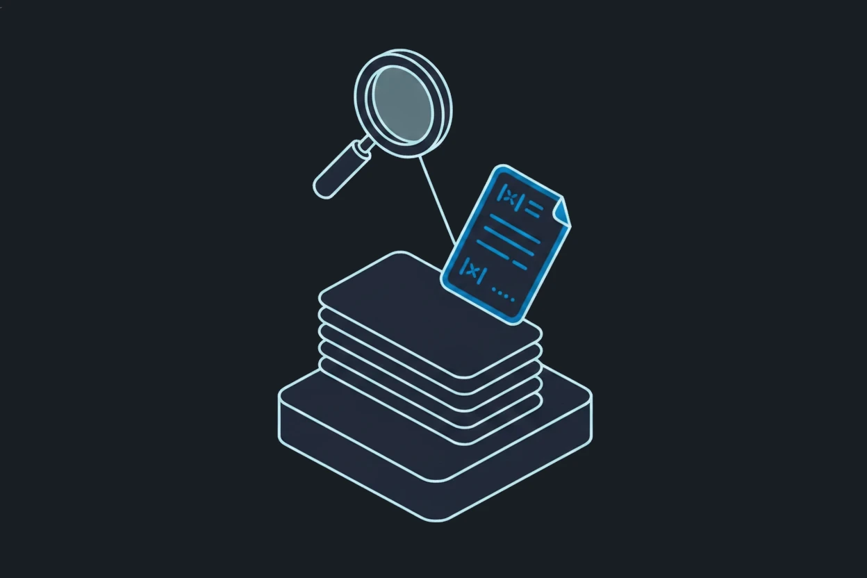 Isometric stack of files with one highlighted sheet and a large magnifying glass above it.