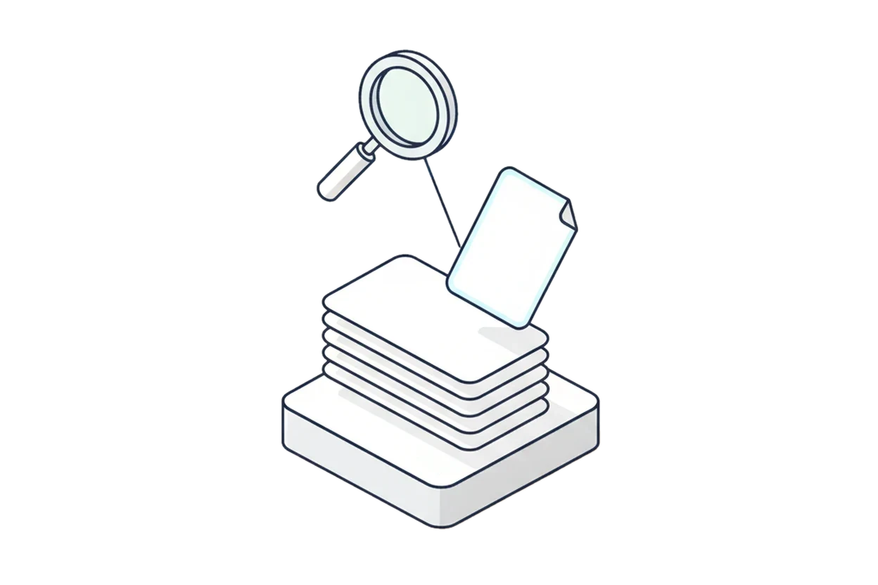 Isometric stack of files with one highlighted sheet and a large magnifying glass above it.