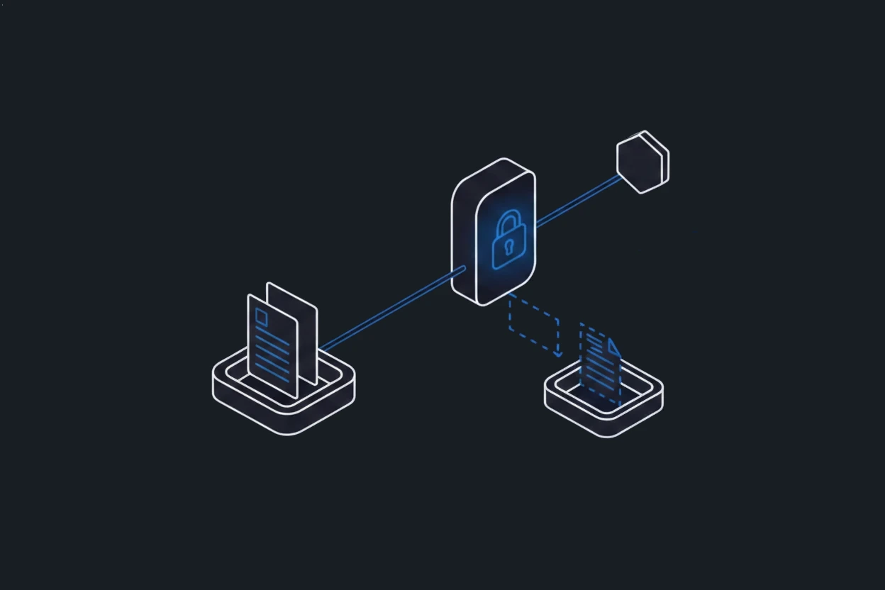 Isometric tool sequence with a folder, a verification lock, and one controlled handoff.