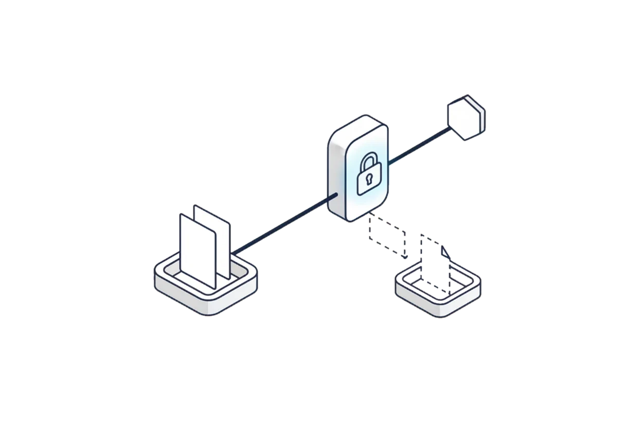 Isometric tool sequence with a folder, a verification lock, and one controlled handoff.