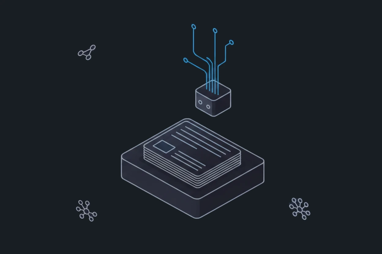 Isometric illustration: a fanned stack of index cards rests on a flat base, with a small module hovering above it, reading from the stack through thin circuit traces.