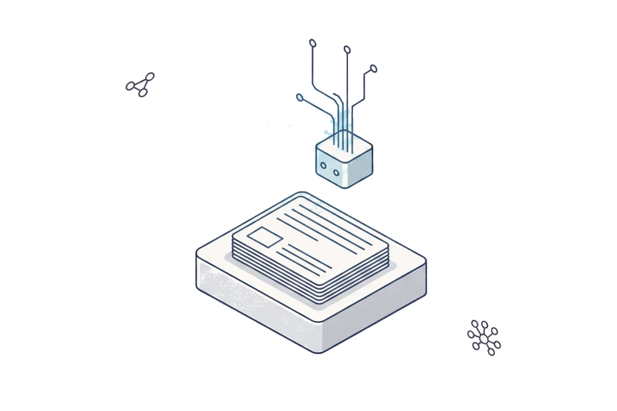 Isometric illustration: a fanned stack of index cards rests on a flat base, with a small module hovering above it, reading from the stack through thin circuit traces.
